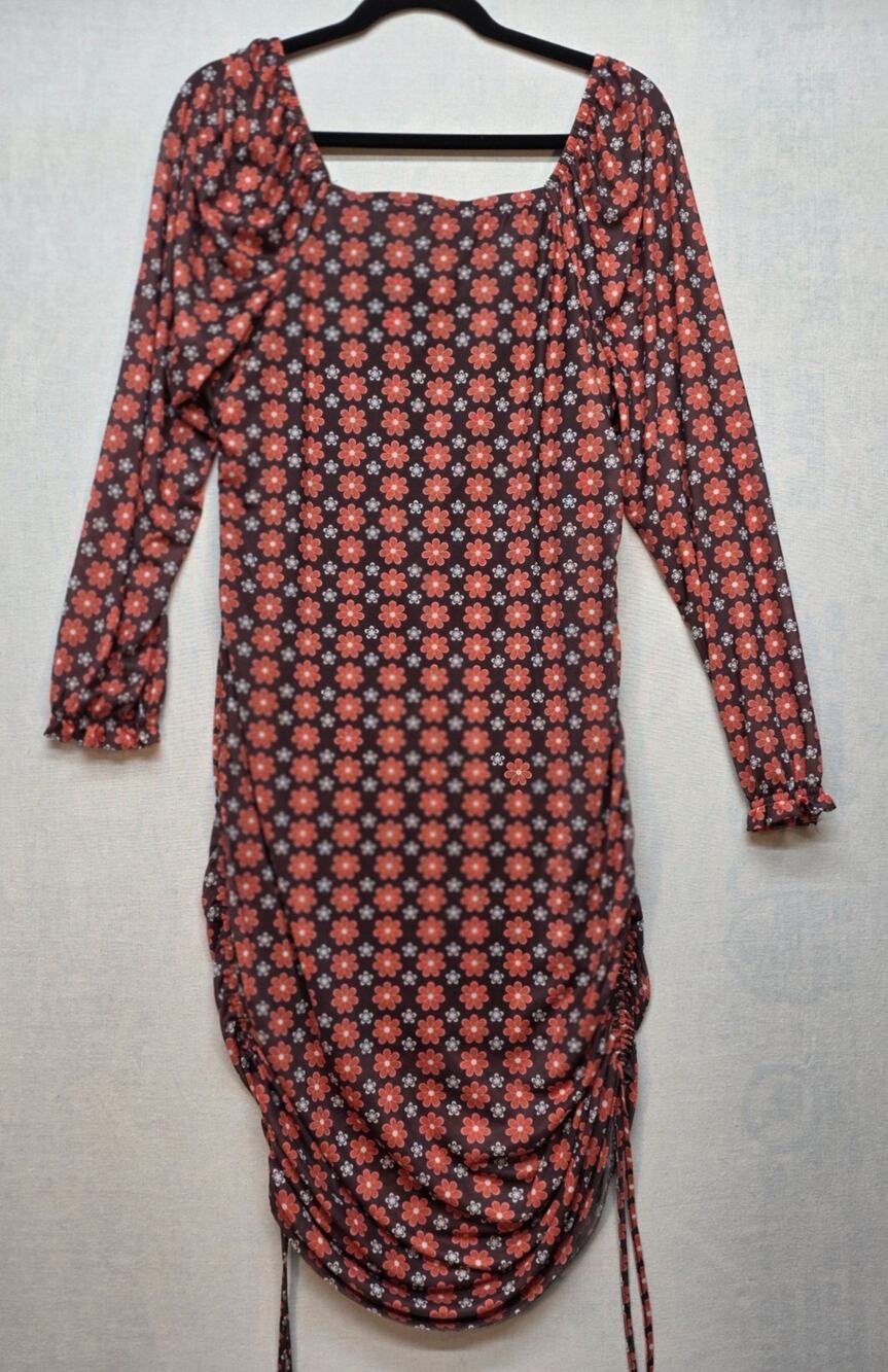Madden NYC Ruched Mesh Bodycon Dress Long‎ Sleeve Brown Retro Indie Y2K Sz XXL